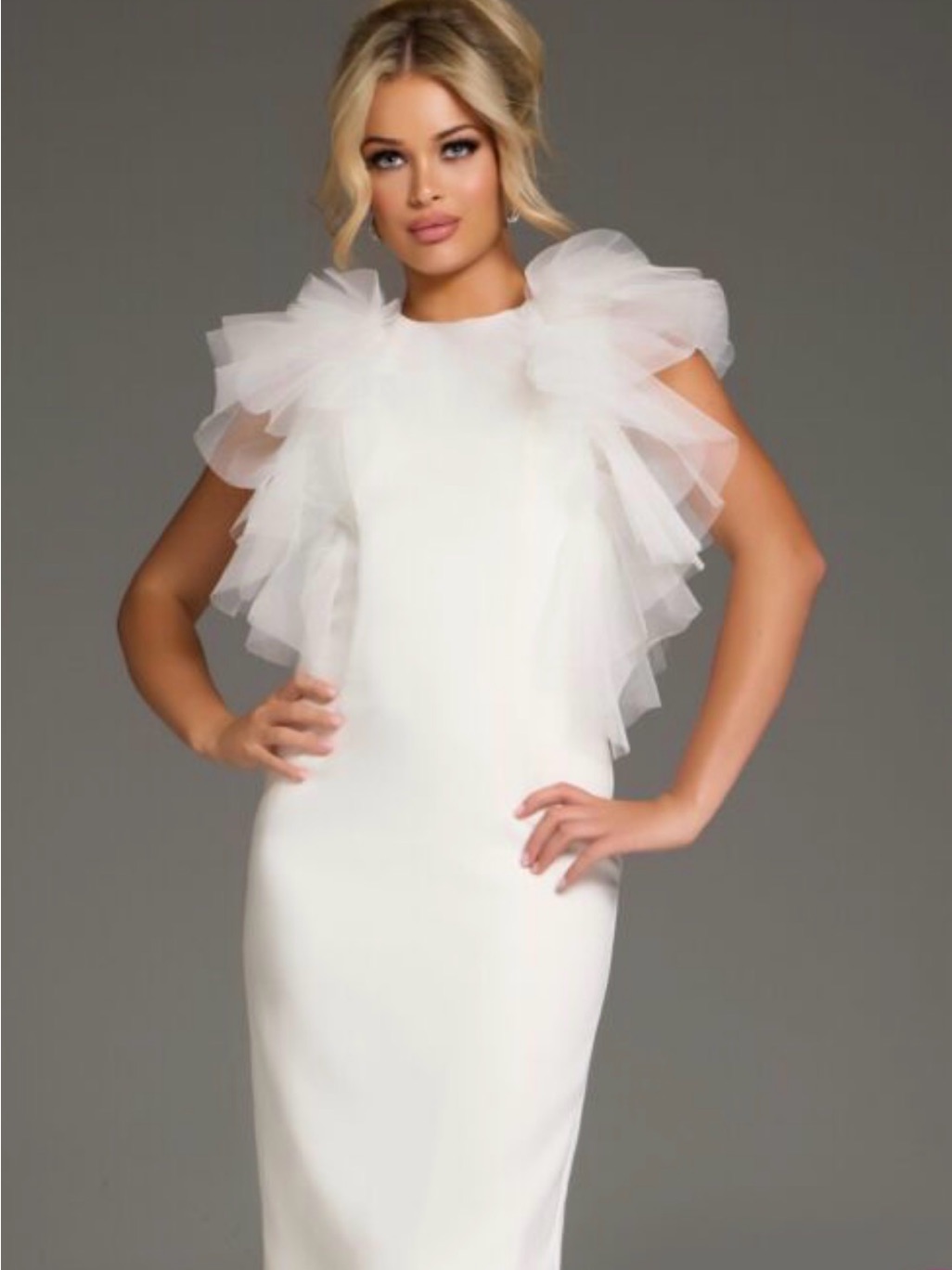 Jovani Style 43153 Ivory Elegant Ruffle Floor Length Sheath Dress Sz 10 Nwt